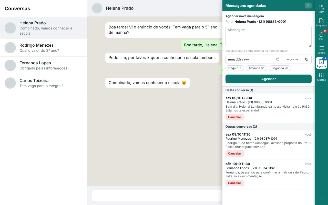 Agenda de mensagens da extensão com campo de mensagem, data, hora e lista de envios agendados