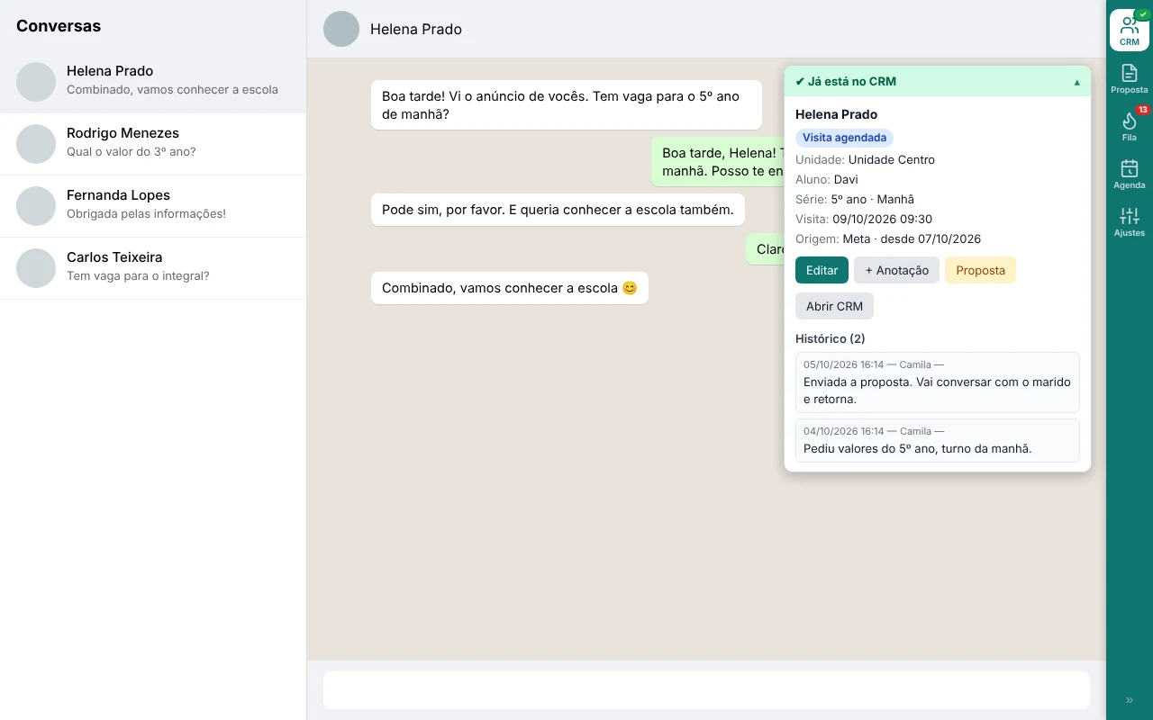 Extensão do CRM Escolar dentro do WhatsApp Web mostrando os dados de um lead
