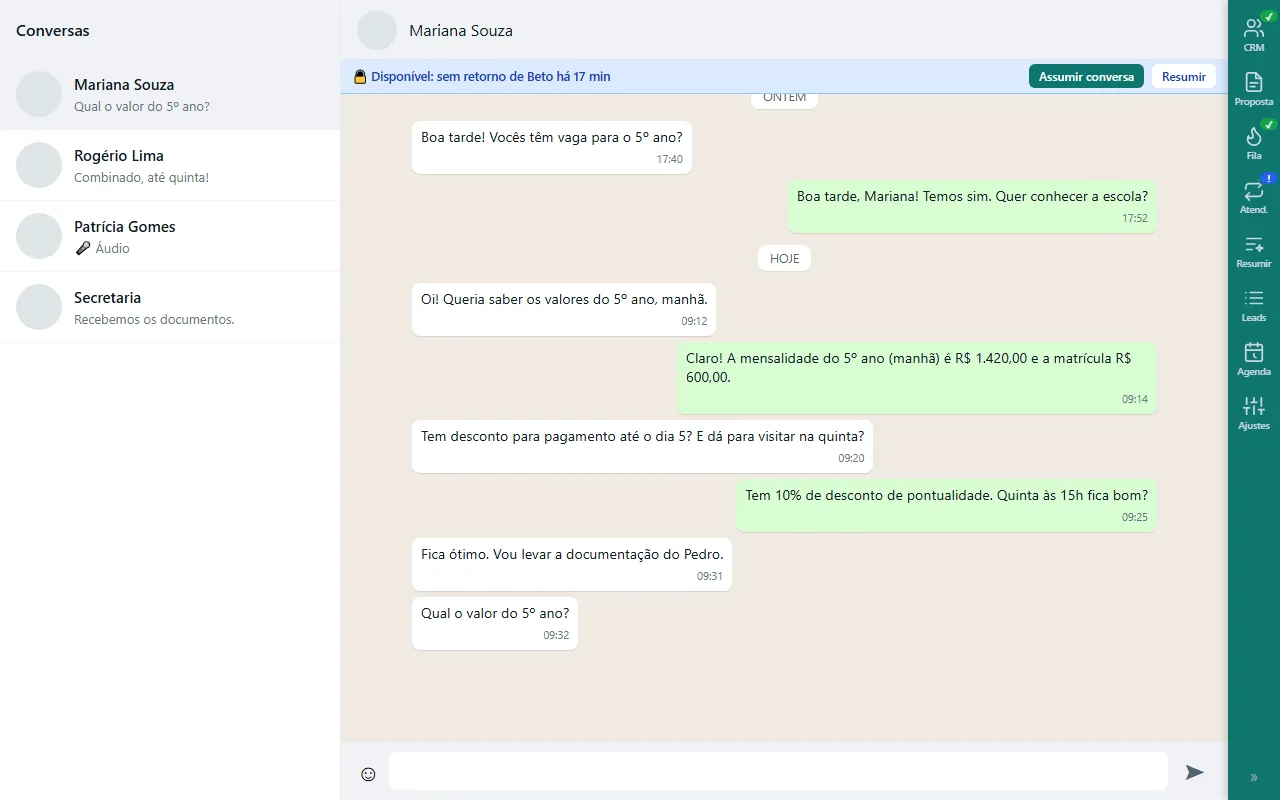 Faixa da extensão avisando que a conversa está disponível porque o responsável ficou sem retornar há 17 minutos
