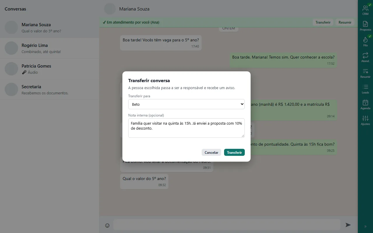 Janela de transferir conversa com escolha do colega e nota interna