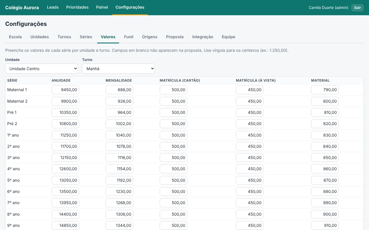 Tela de Configurações com os valores de anuidade, mensalidade, matrícula e material por série
